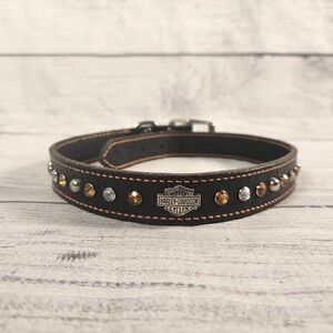 Harley Davidson Black Leather Dog Collar Crystal Studded Bar Shield Logo 24in